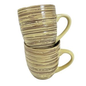 2 Thomson Pottery BIRCH Mugs Textured Striped Farmhouse Rustic Yellow Brown